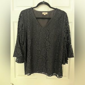 Loft Outlet Woman’s Blouse Black Lace 3/4  Sleeve Flare V-Neck Size Med